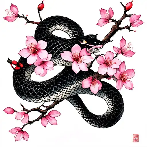 Cherry Blossom Branch With Snake Wrapped
