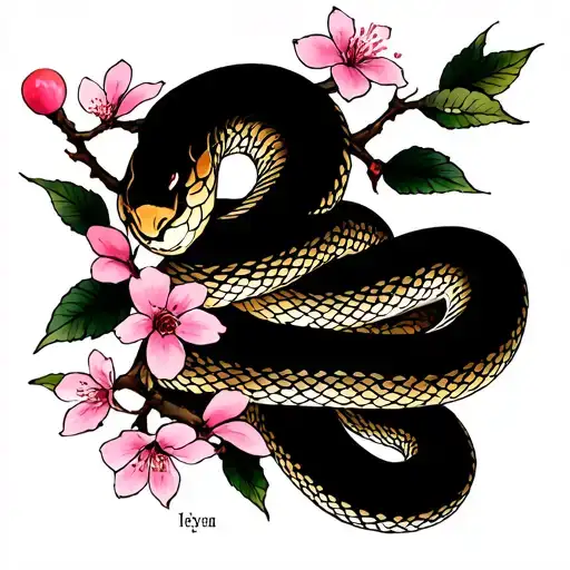 Cherry Blossom Branch With Snake Intertwined