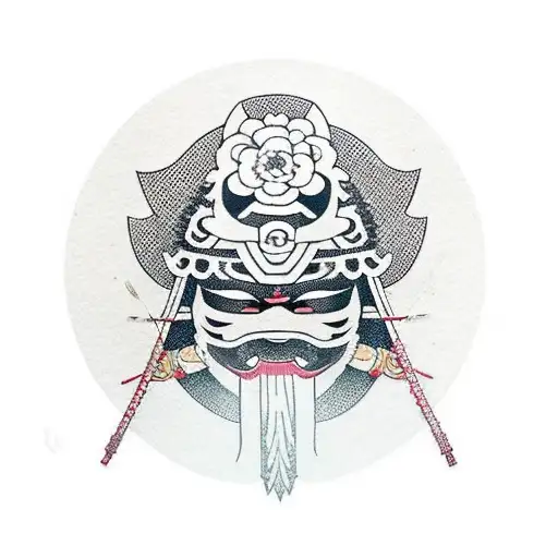 Omni Mask Hanging On A Samurai Sword Surrounded By Cherry Blossom