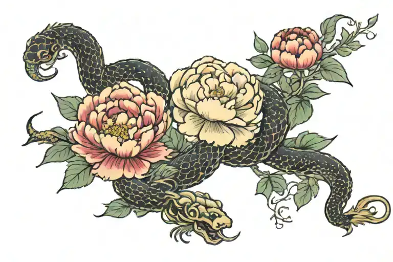 Peonies On Both Side Of Lower With Snake In The Middle