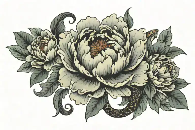 Peonies Flower On Both Sides Of Lower Back With A Snake In The Middle