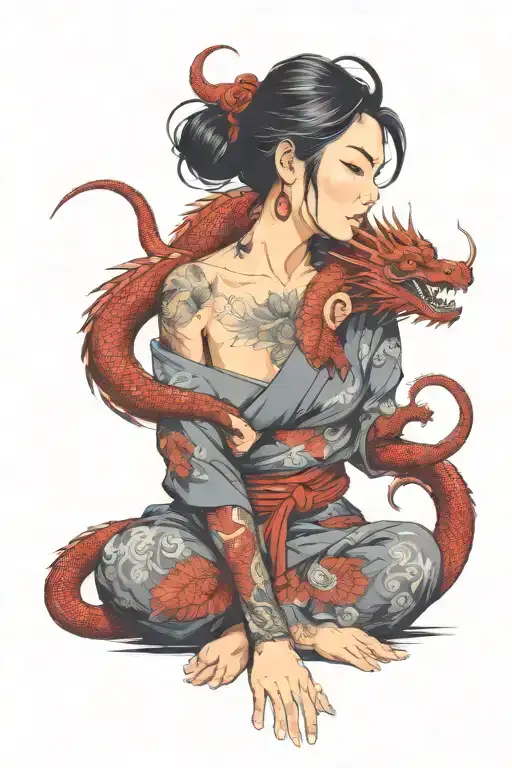 Asian Girl Wrapped By A Red Dragon