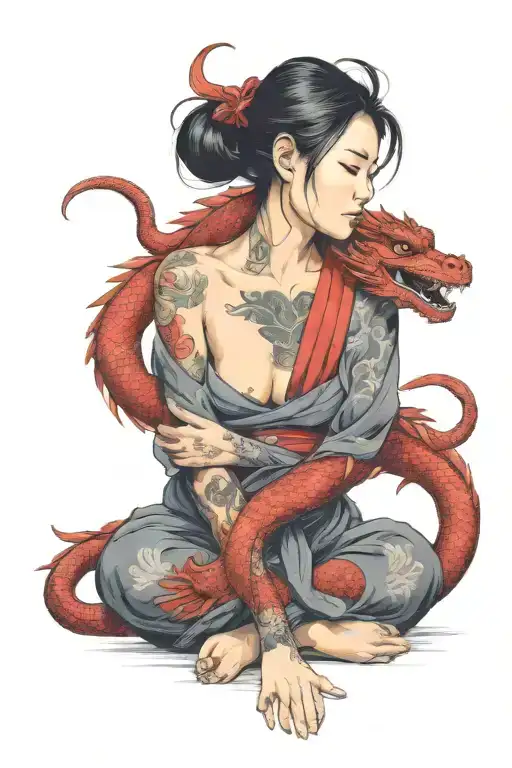 Asian Girl Wrapped By A Red Dragon