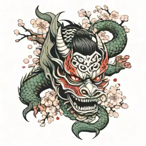 Samuri Mask Surrounded By Cherry Blossom Petals Falling And A Dragon Wrapped Around