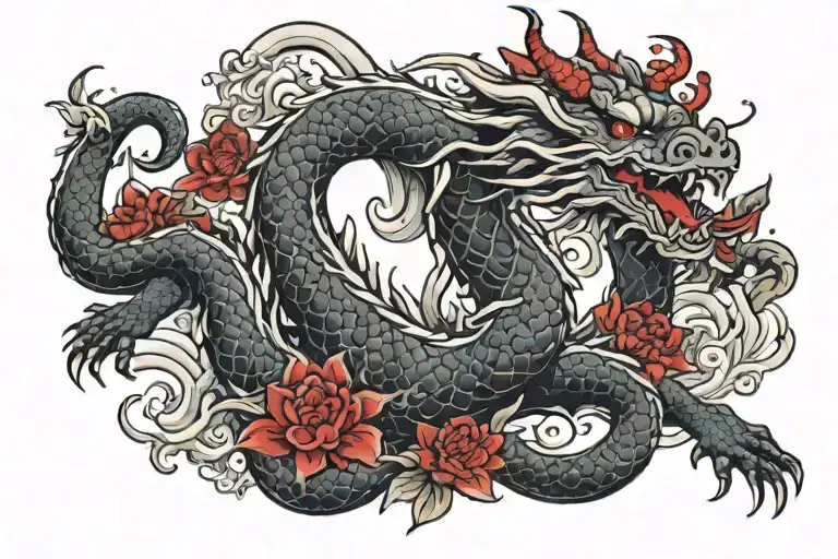 Dragon With Red Flowers Intertwined