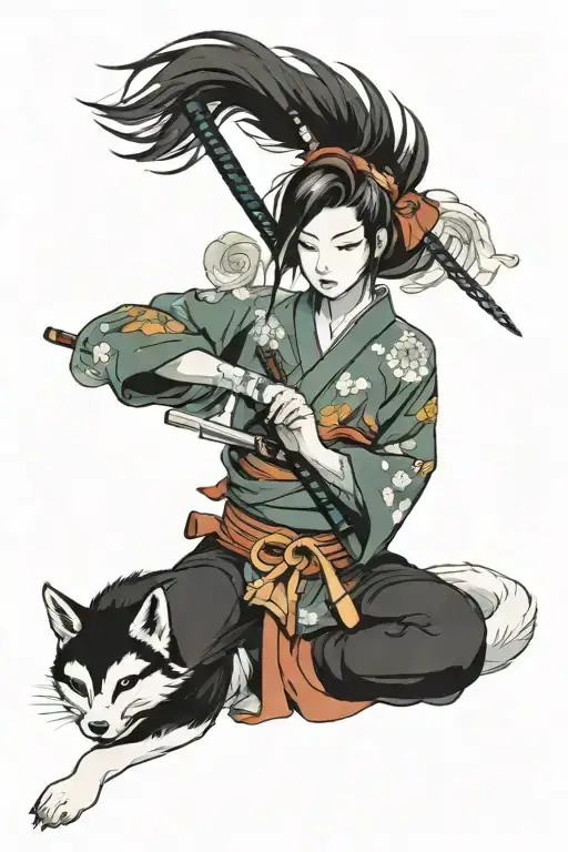 Girl With Katanas In Hands And Kitsune In The Background Tattoo