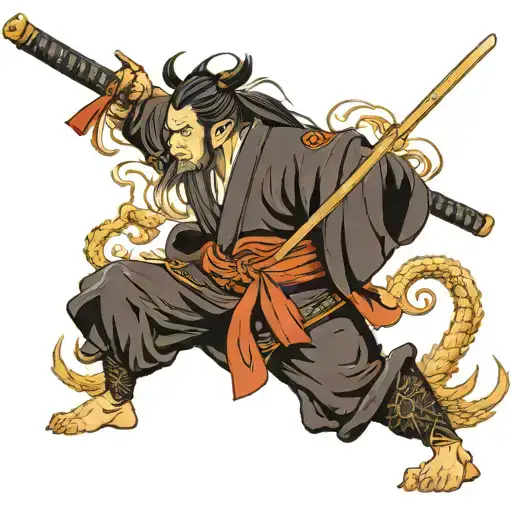 A Mythical Creature Inspired By Japanese Art Wielding A Katana In A Battle Scene