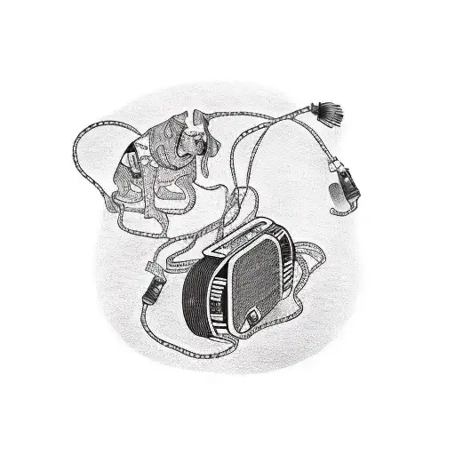 A Blackwork Tattoo Of A Person Walking Their Dog While Listening To Music On A Vintage Walkman