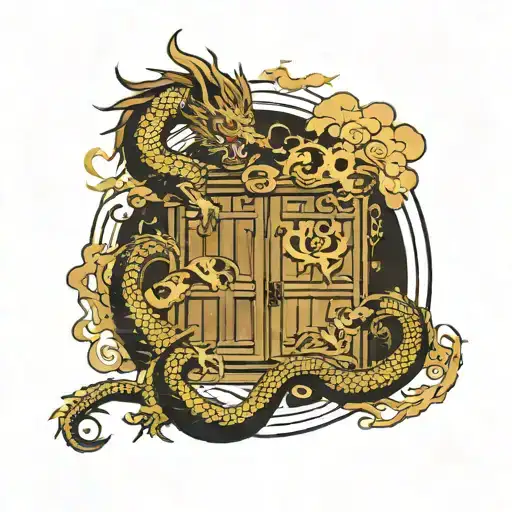 Night Scene Dojo Doors With Japanese Dragon Coming Out And Looking At A Samuarai