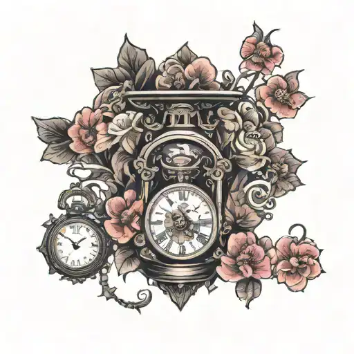 Hour Glass With Flowers And Pocket Watch