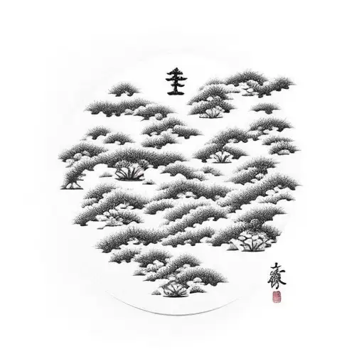 Line Of Pine Trees With Birds Flying Away