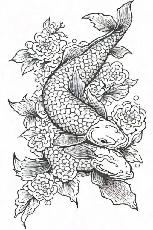 Koi Fish With Small Blue Flowers Surrounding Half Sleeve Japanese