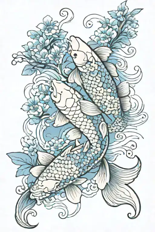 Koi Fish With Blue Flowers Surrounding And Wrapping Half Sleeve Japanese