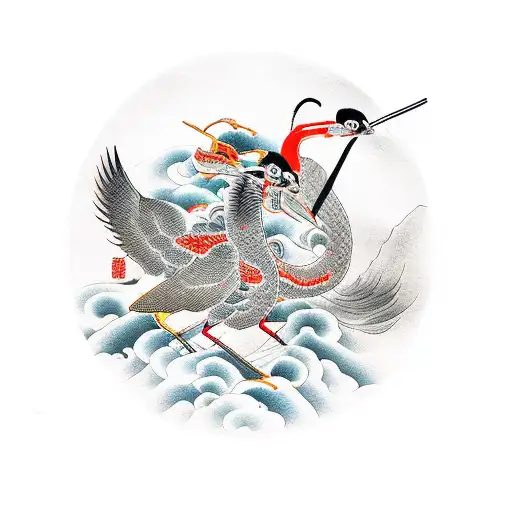 Japanese Style Crane With Samurai And Japanese House