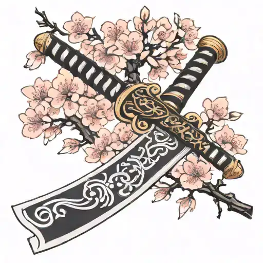 Japanese Sword Surronded With Cherry Blossom Tree