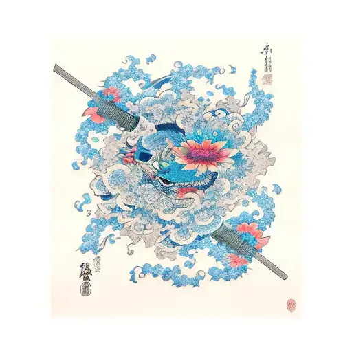 Katana And Blue Flower