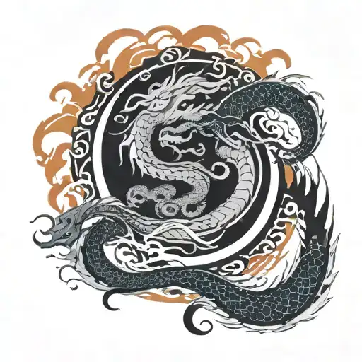 Dragon Around Yin Yang In The Form Of Fire And Water