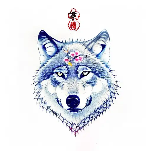 Wolf Sitting Under A Cherry Blossom Tree