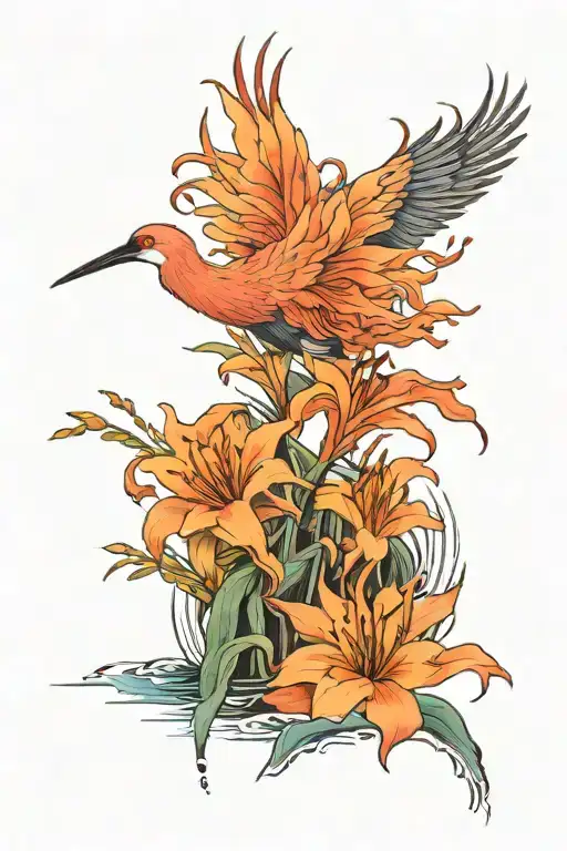 Crane And Streams Of Water With Lycoris Flowers