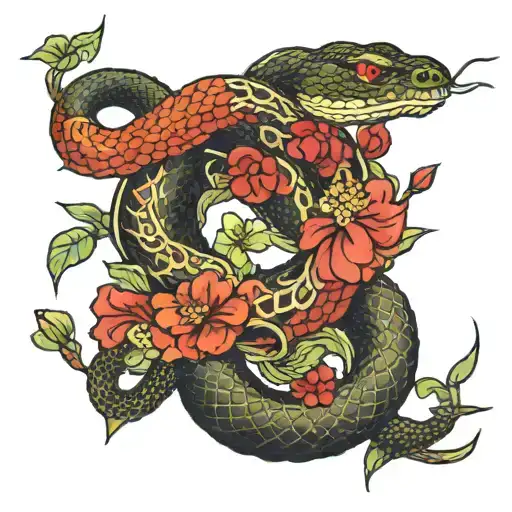A Japanese Snake We're The Body Is Ceiling And There's Flowers Surrounding It