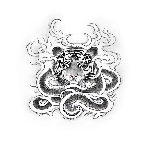 A Snake And A Tiger Fighting In Flames