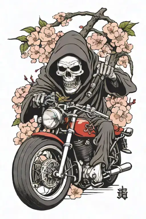 Grim Reaper Holding Motorcycle Helmet With Cherry Blossoms