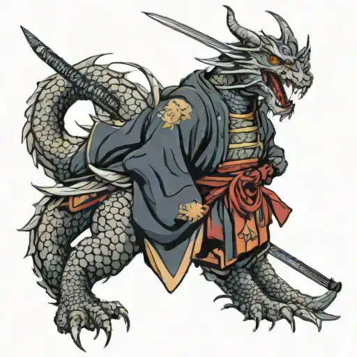 A Dragon With A Samurai Armor And A Katana
