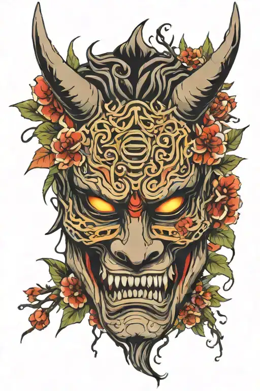 Shattered Oni Mask Surrounded By Flowers With Color