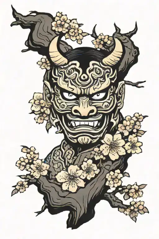 Cherry Blossom Tree With Oni Mask In Color