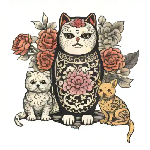 Russian Doll Standing In Between Two Maltese Dog