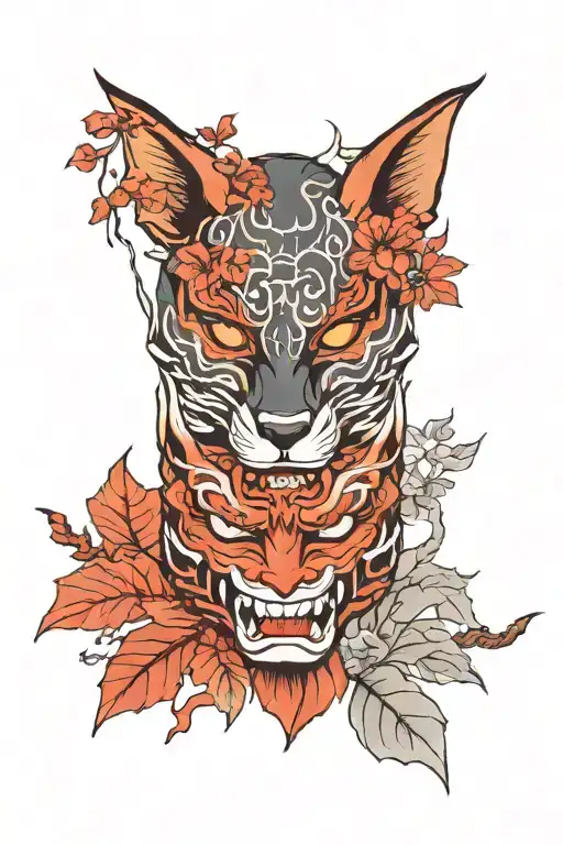 Half Red Oni Mask And Half Kitsune Mask With Autumn Leafes In Background