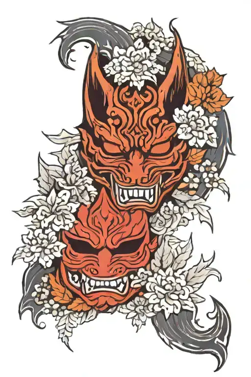 Half Red Oni Mask And Half Kitsune Mask With Autumn Leafes In Background