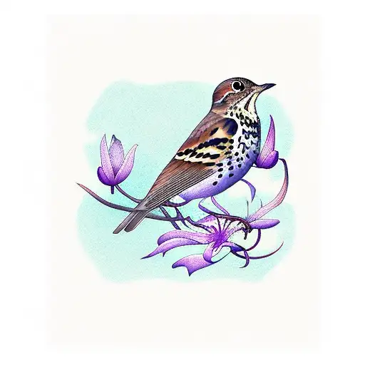 Song Thrush Bird With Purple Lilly In Mouth