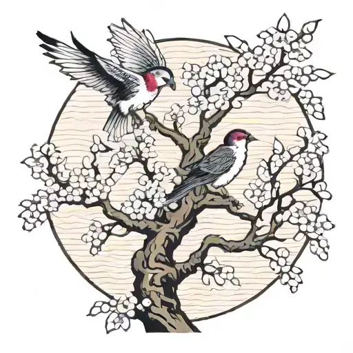 Sakura Tree With Love Bird Flying Away