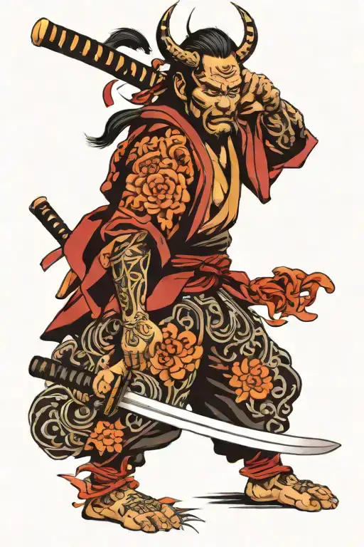 Samurai With Oni Mask Holding Katana