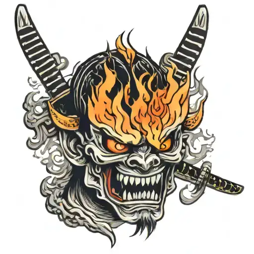 Japanese Demon Head And Katana On Fire