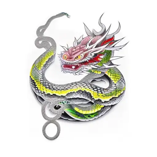 Japanese Dragon And Snake Intertwined