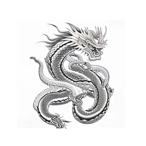 Japanese Dragon And Snake Intertwined