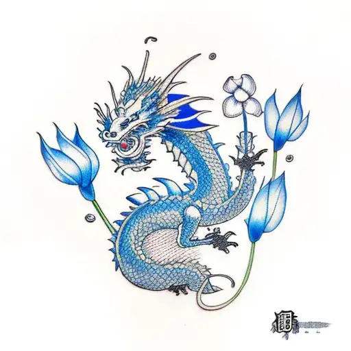 Dragon Laying Down Next To A Blue Lilly