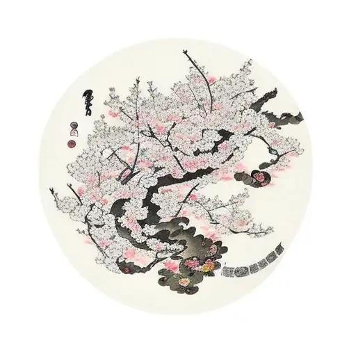 Cherry Blossom Tree Japanese Art Style Colored