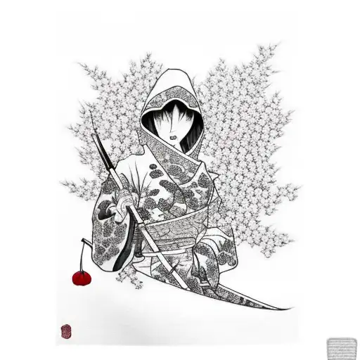 A Hooded Female Assassin With Cherry Blossom Around Her