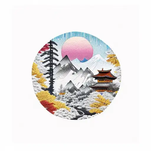 Mountain Scene With Autumn Tree With Sitting Brown Bears