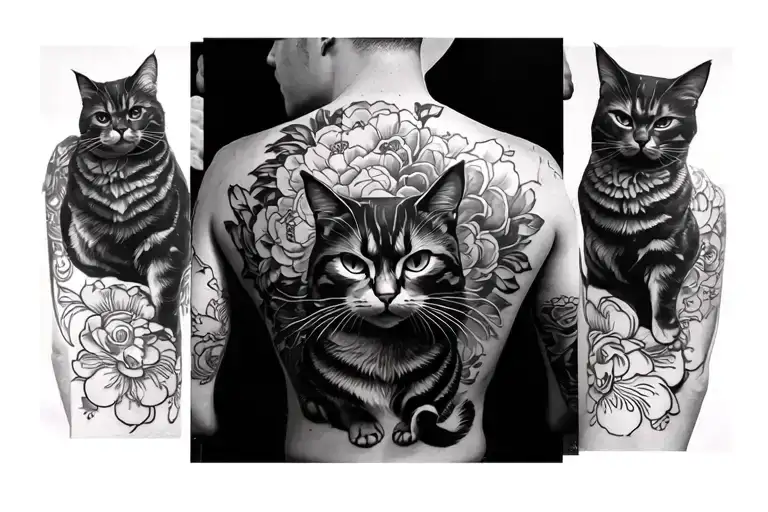 Dramatic Black And White Photograph Of A Cat Tattoo Programming On A Man's Back