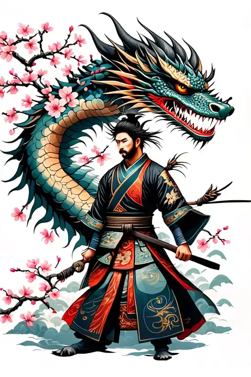 Side View Of Samurai Infront Of A Dragon With Cherry Blossoms