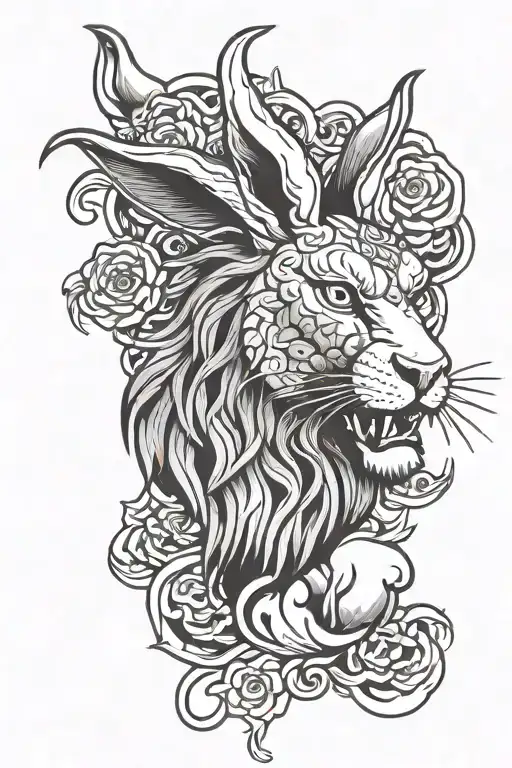 Rabbit Head In Front Of A Lion Head