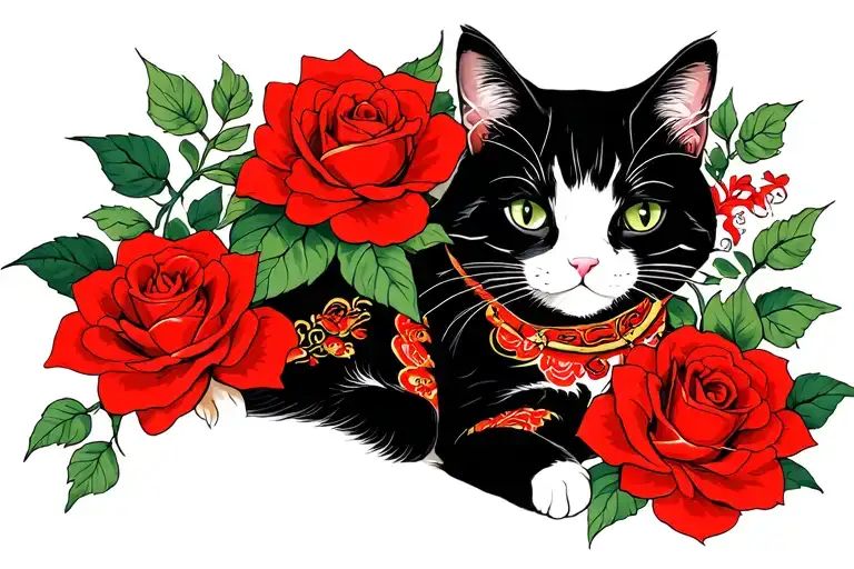 Cat And Roses Around Him