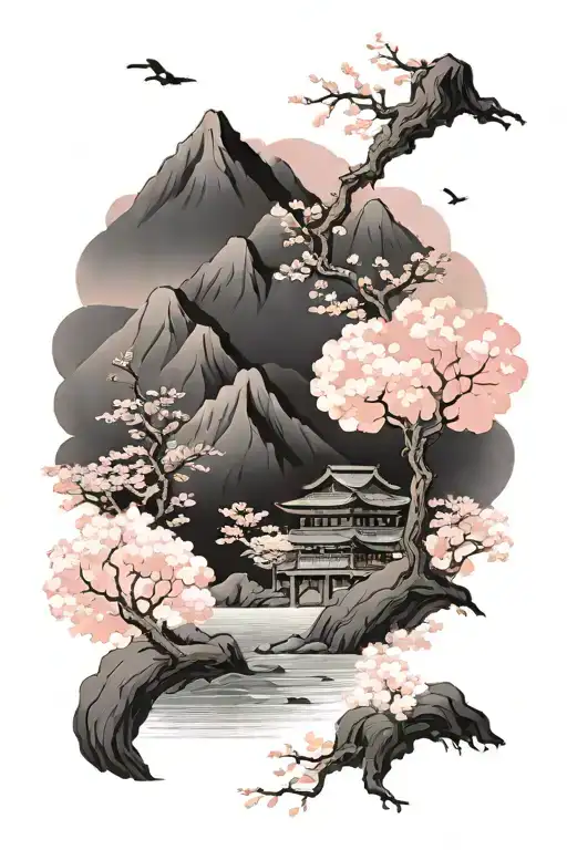 Japanese Oriental Scenery With Pink Blossom And Mountain