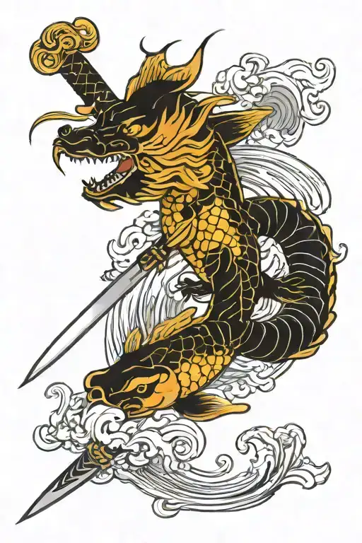 Sword And Dragon And Koi Fish