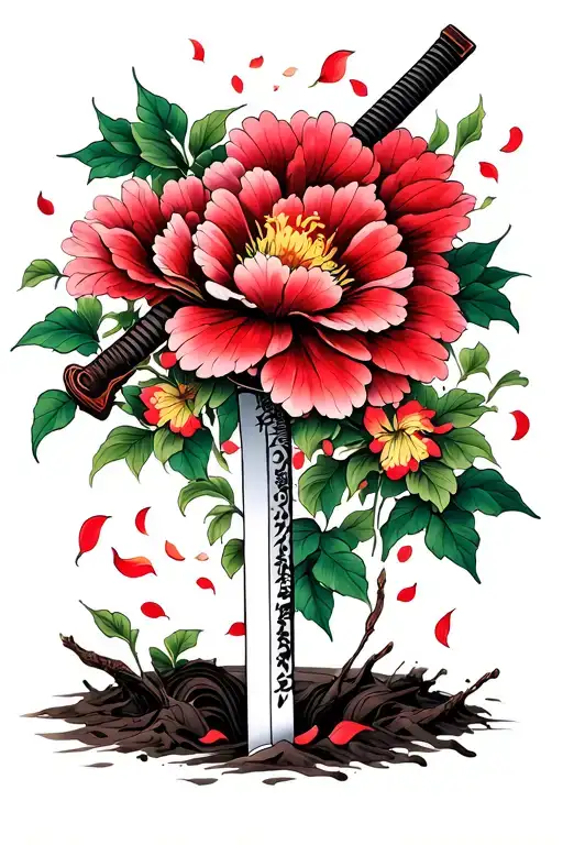 Flower Petals Floating Around An Old Katana Buried Deep In The Ground Tattoo Design