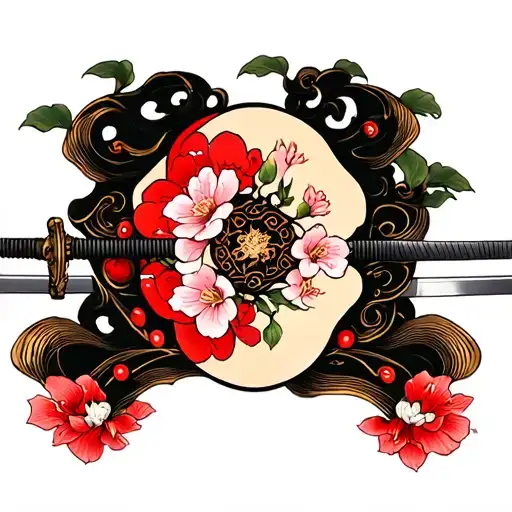 Cherry Blossom Petals And Katana Sword